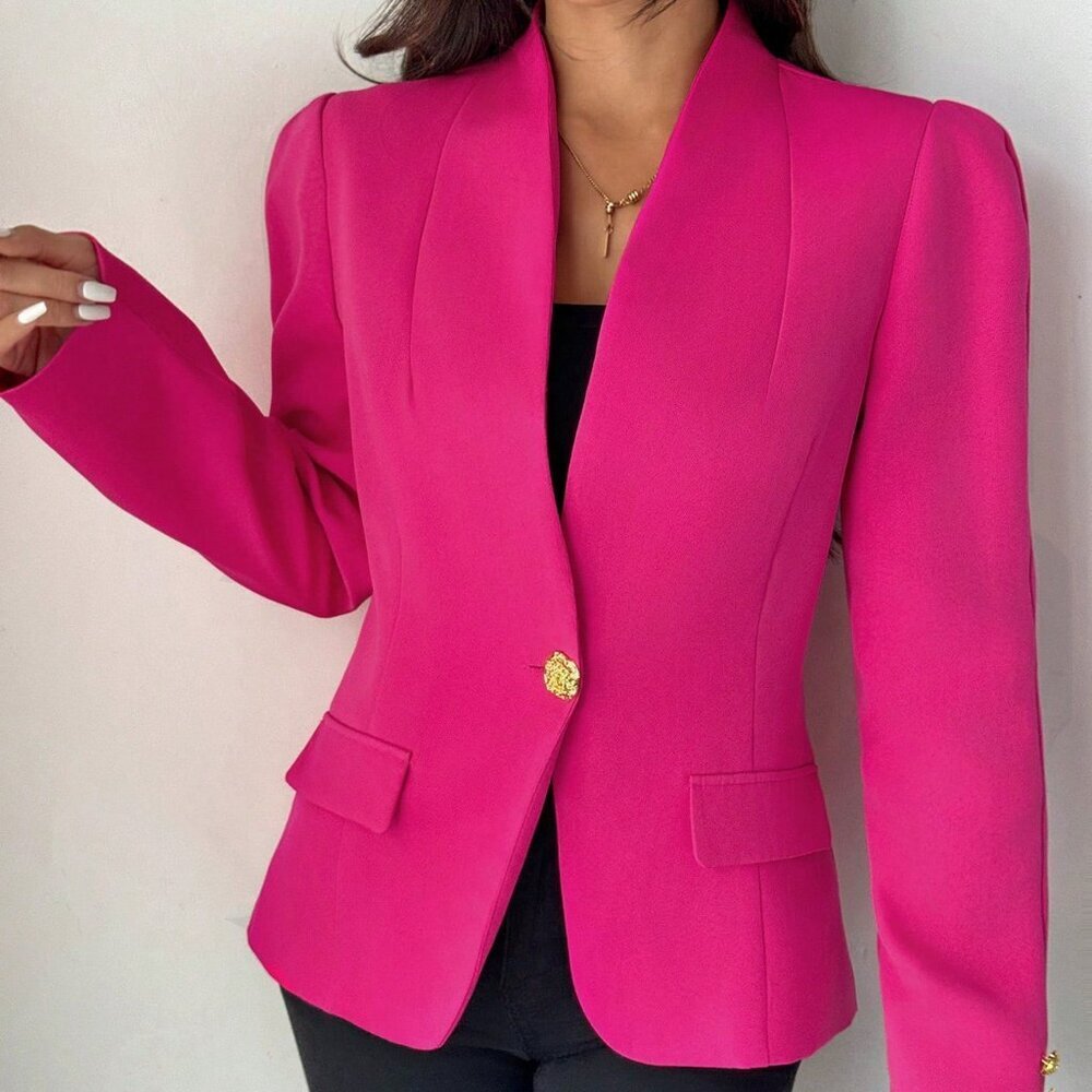Hot Pink Elegant Women's Solid Single Button Long Sleeve Blazer - Picture 3 of 7